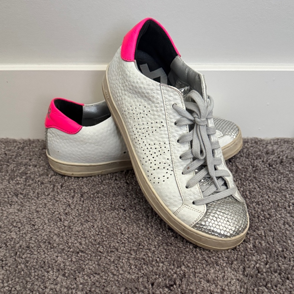 P448 White Leather Sneakers with Silver Snakeskin Toe and Pink Heel Tab
